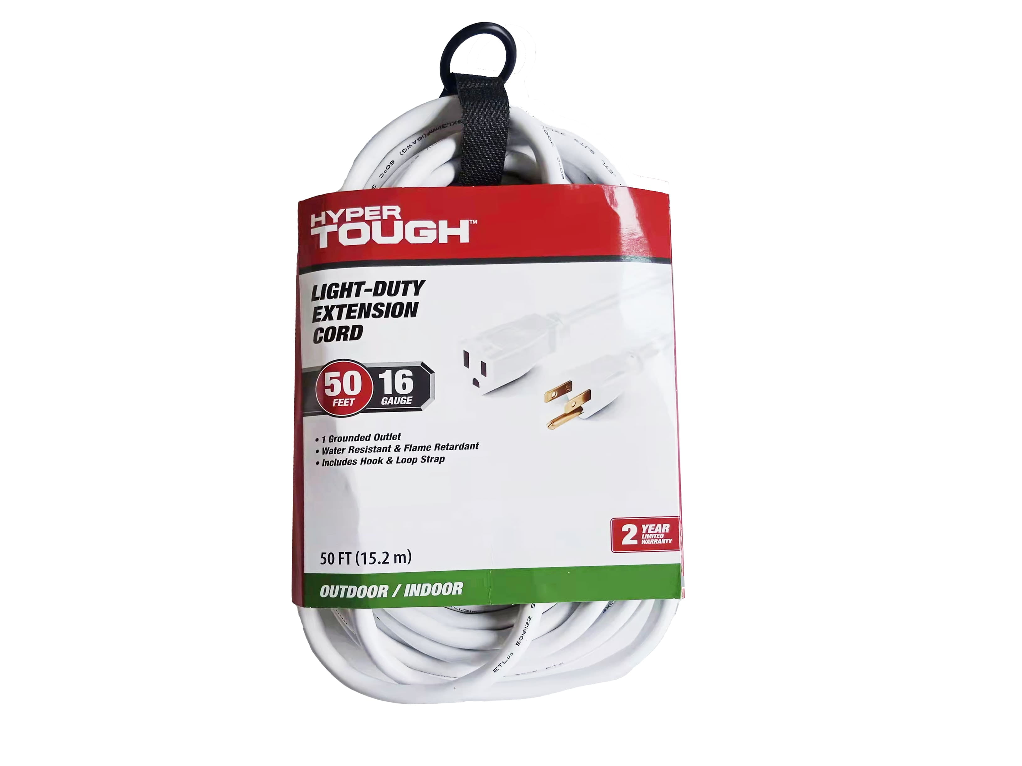 Hyper Tough 50FT 16AWG 3-Prong White Single Outlet Outdoor Extension Cord, 125V, 13A