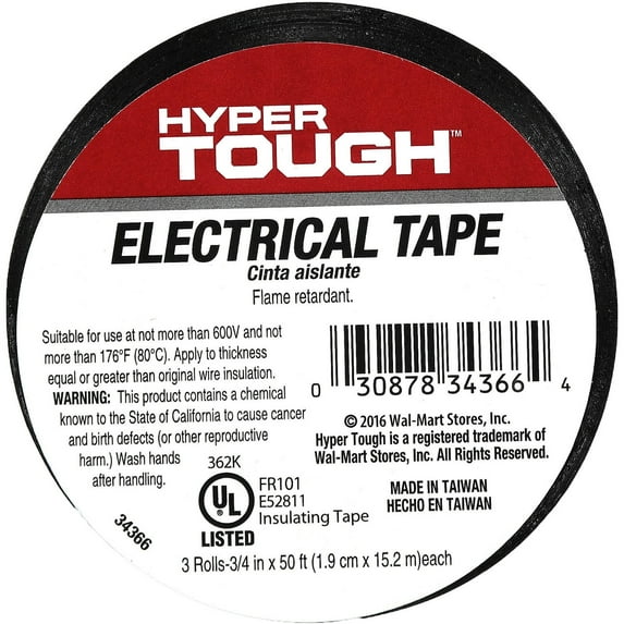 Hyper Tough 50ft Vinyl Electrical Tape, 3/4", 0.43lbs, Black, 3 Pack, 34366
