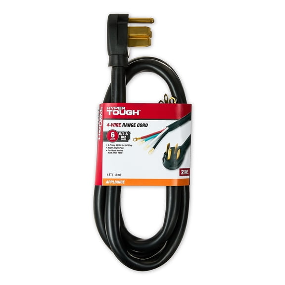 Hyper Tough 6-Foot 4-Wire Range Cord, Black, Right-angle Plug, 125V/250V, 50A