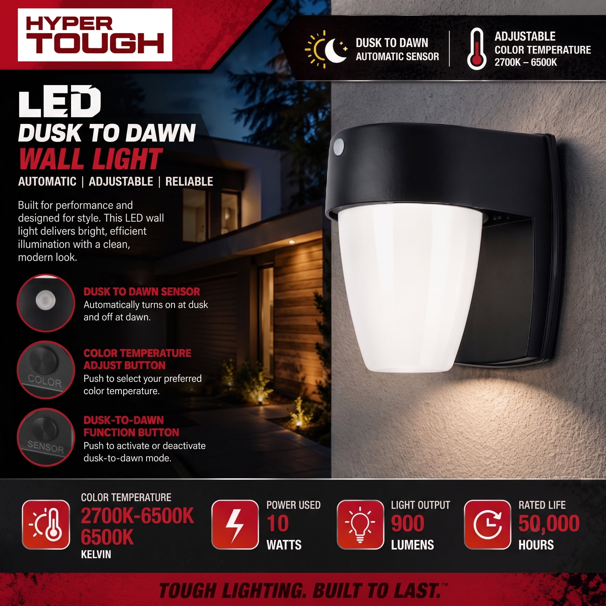 Hyper Tough 6 in Matte Black Integrated LED Outdoor Wall Sconce, Metal Body with Frosted Plastic Lens
