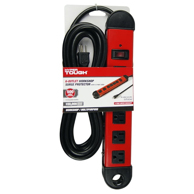Hyper Tough 6Outlet 15ft Cord Metal Surge with 500Joule Protection