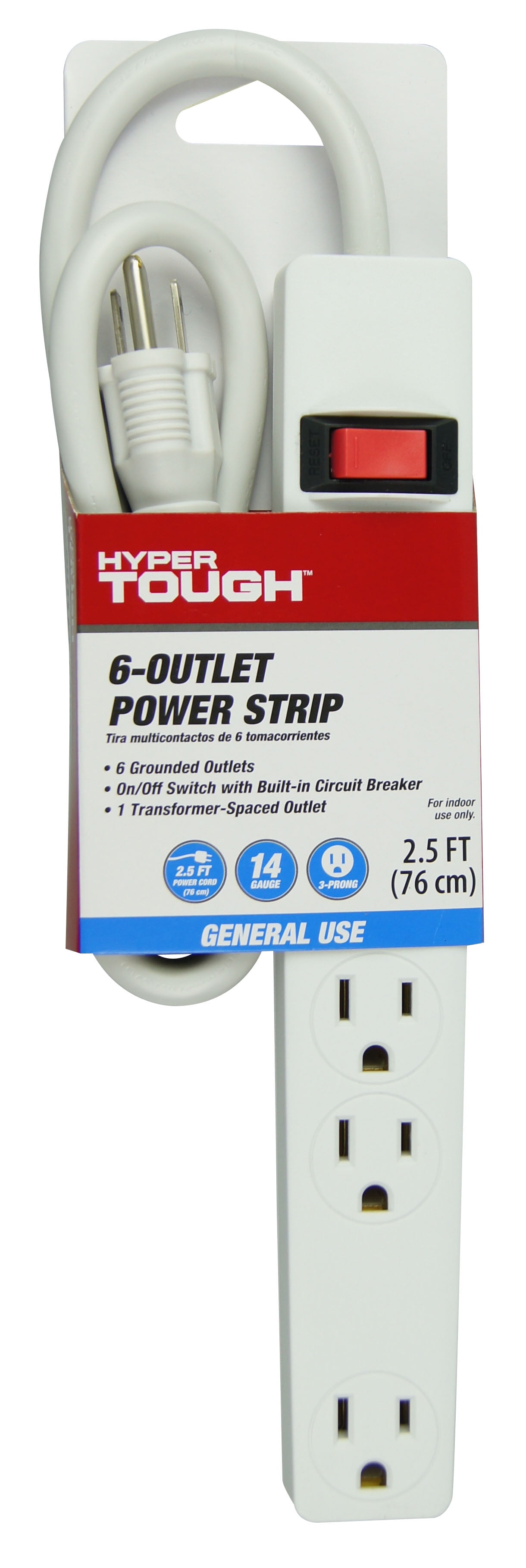 Hyper Tough 6-Outlet 2.5ft Power Strip Included 1-Adapter Space Outlet, White