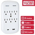 thumbnail image 1 of Hyper Tough USB Outlet Extender with 6 Outlets and USB Ports, 900J Surge Protector, White, 1 of 11