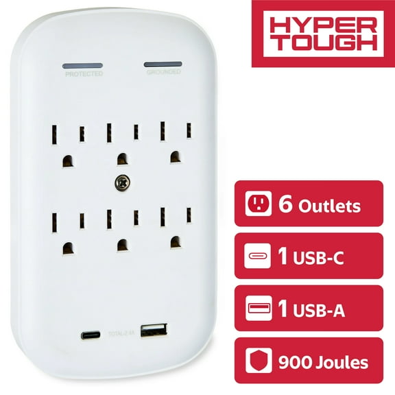Hyper Tough USB Outlet Extender, 6 Outlet with USB Ports (USB-A & USB-C) 900J Surge Protector, White