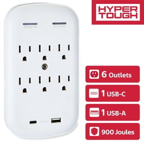 Hyper Tough USB Outlet Extender with 6 Outlets and USB Ports, 900J Surge Protector, White