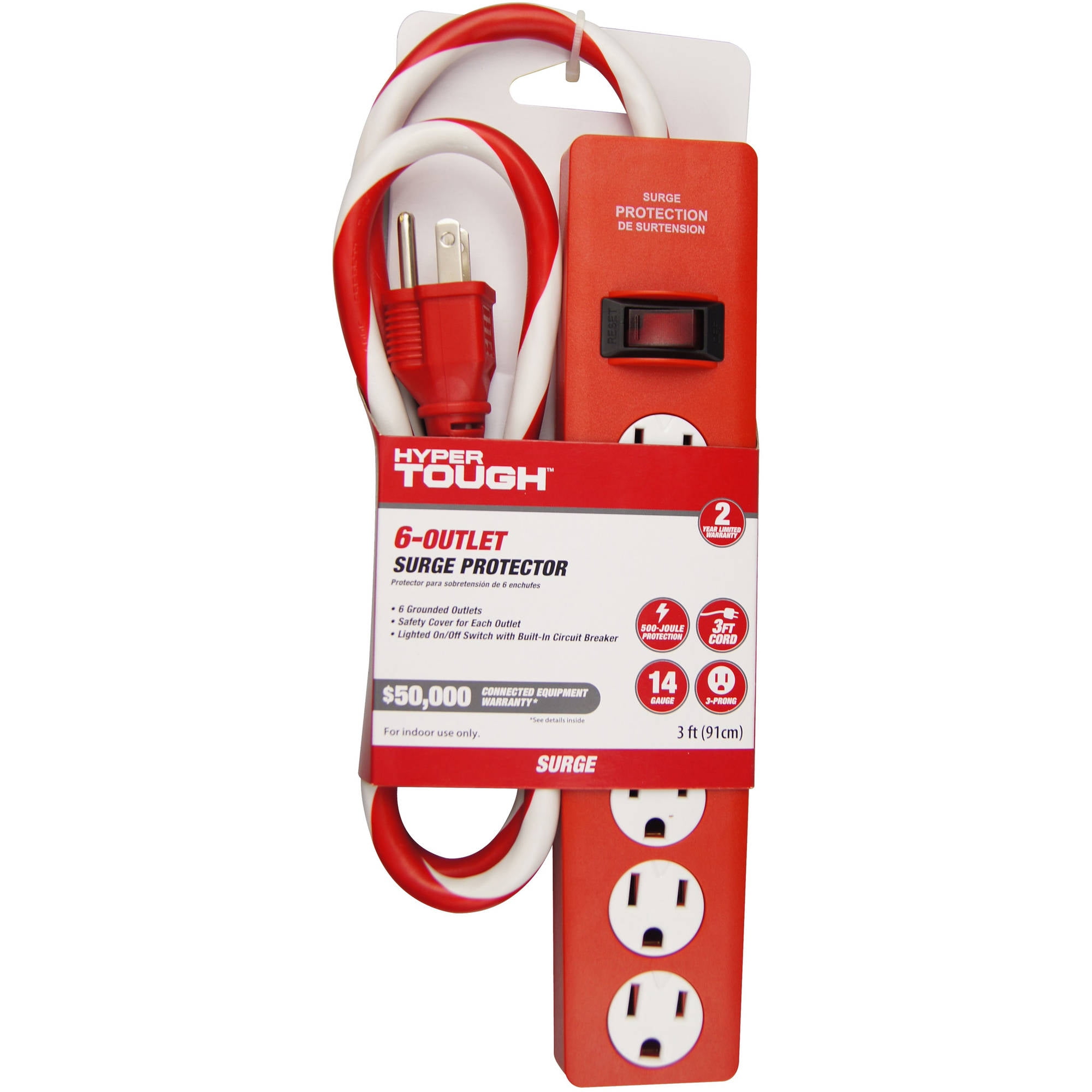 Hyper Tough 6Outlet 3' Surge Protector, Red