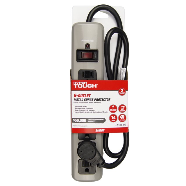 Hyper Tough 6Outlet 3ft Metal Surge 1080Joule Protection, Gray