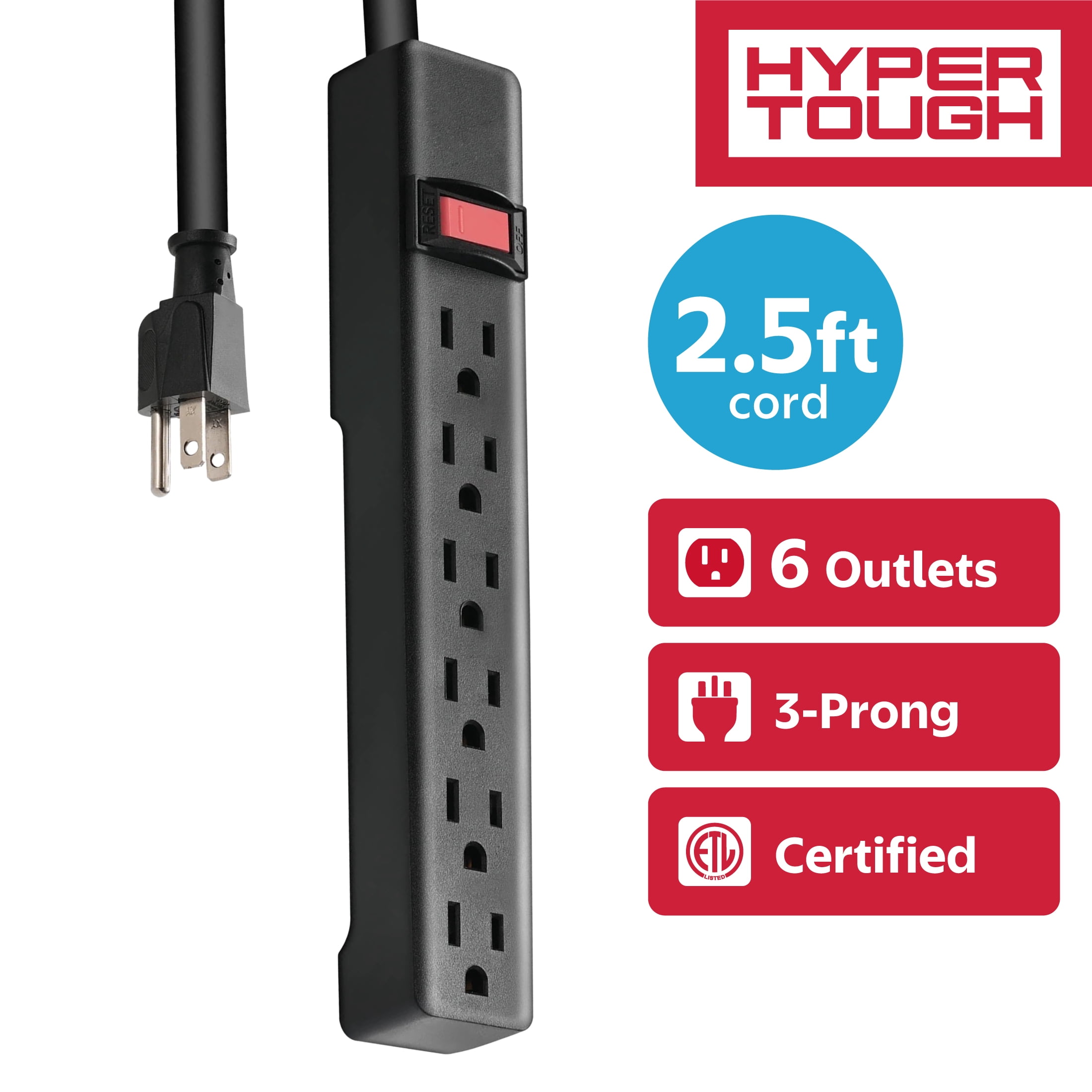 Hyper Tough 6-Outlet Indoor Power Strip, 2.5 ft Cord, UL/ETL Certified, Black