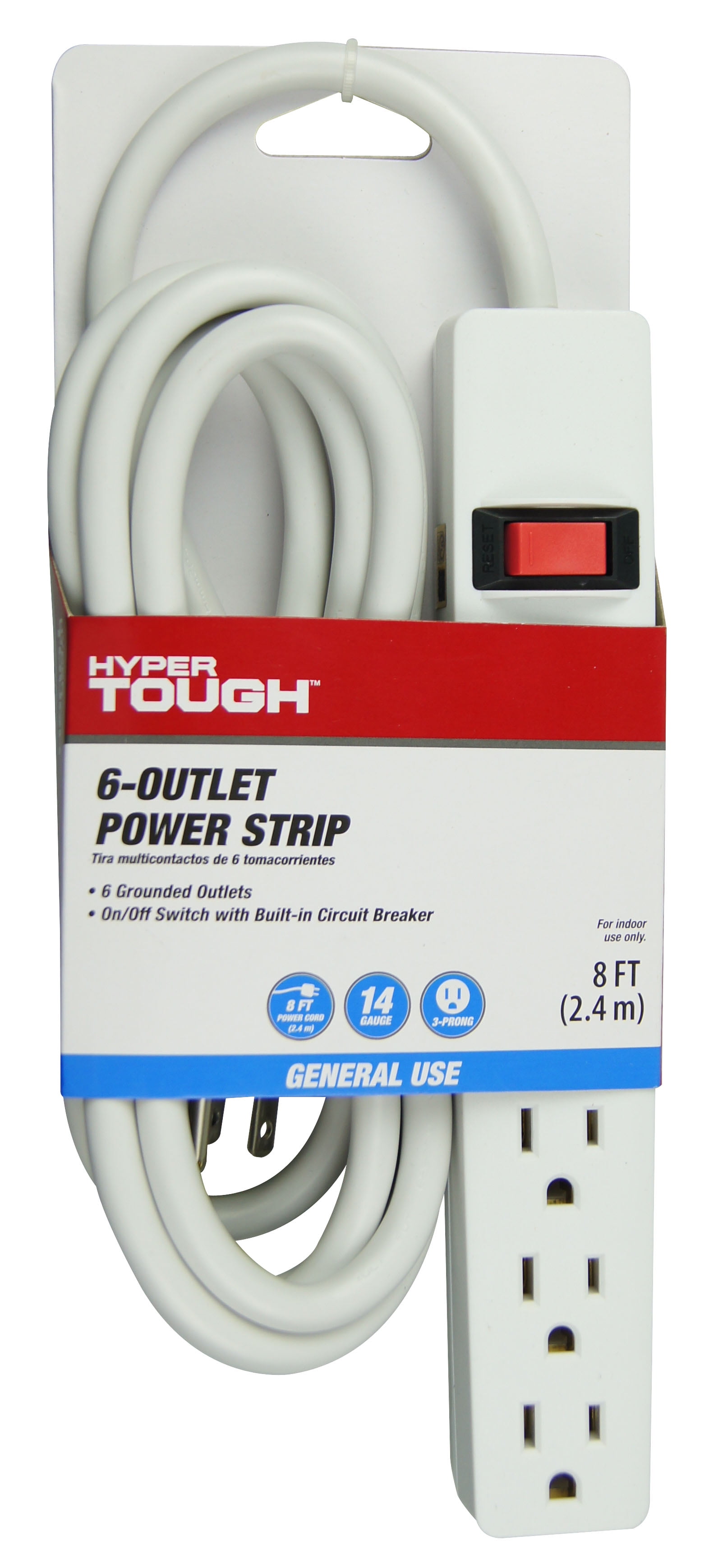 Hyper Tough 6 Outlets Power Strip with 8 ft Cords, 1 Pack, White, UL Listed