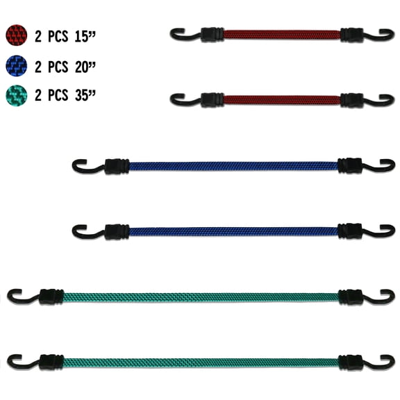 Hyper Tough 6-Piece Flat Bungee Cord Set with Hooks, Assorted Sizes, Plastic Jar