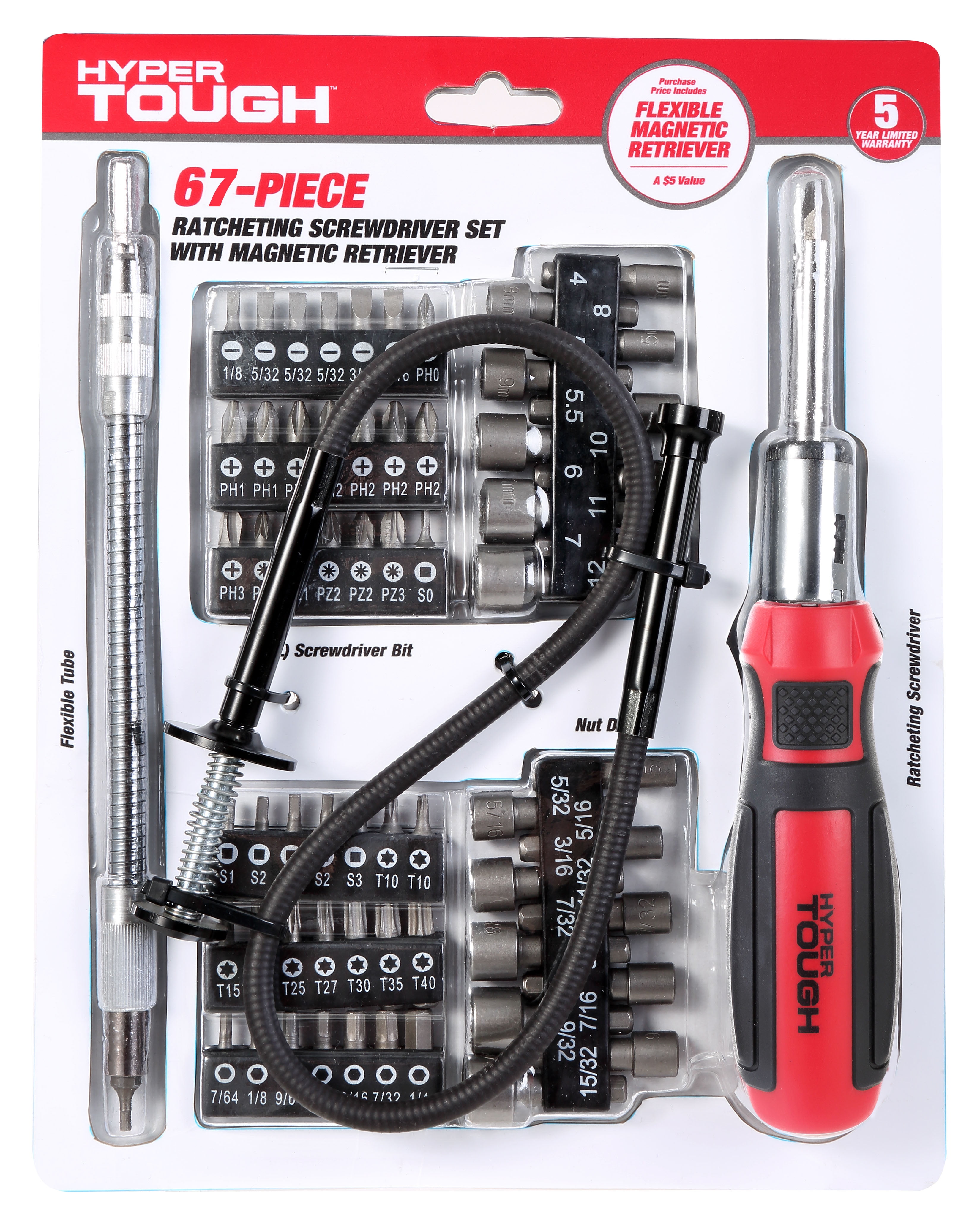 Hyper Tough 67pc Screwdriver Set with Bonus Flex Magnetic Retriever Versatile Kit for DIY Projects
