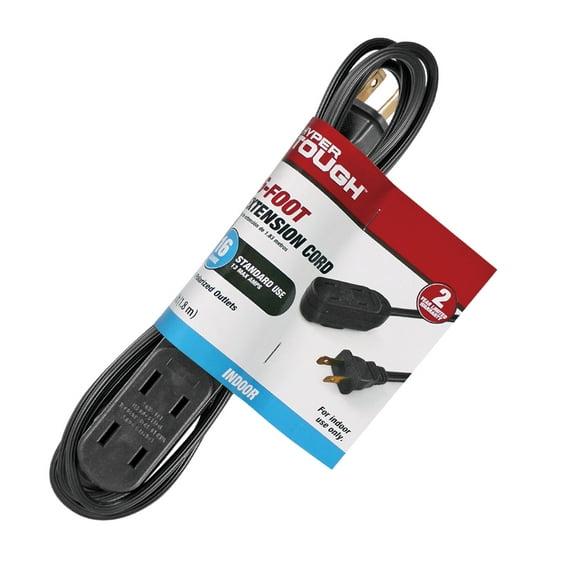 Hyper Tough 6' 16AWG 2-Prong Indoor Household Extension Cord, Black