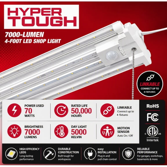 Hyper Tough 7000 Lumen 4 ft LED Garage Shop Light, 4-Tube Linkable Fixture with Motion Sensor and Adjustable Panels