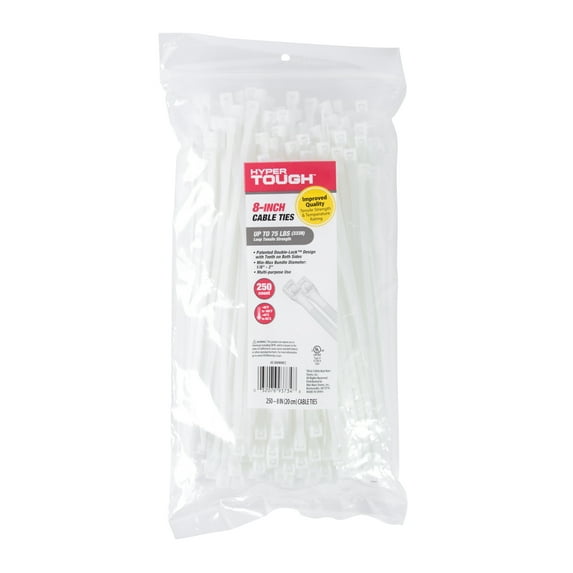 Hyper Tough 8-Inch Cable Tie, 43-308WMCC, Natural 75lb Tensile Strength 250-Pack