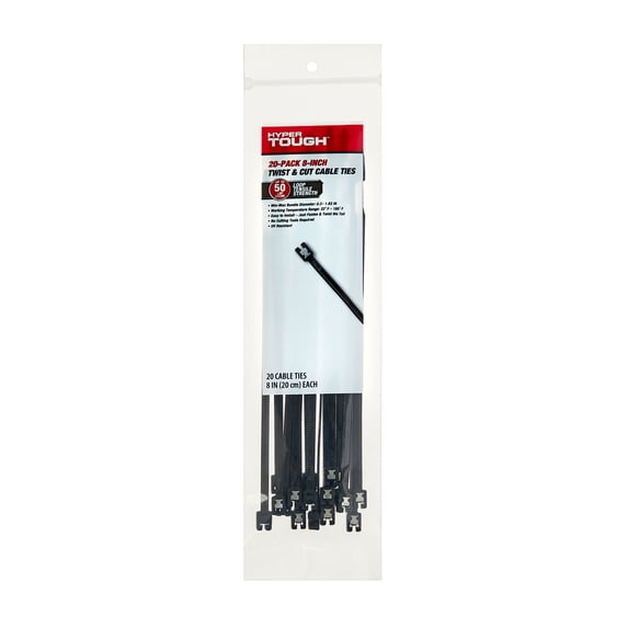 Hyper Tough 8-Inch Twist & Cut Cable Ties, Black, 20 Count