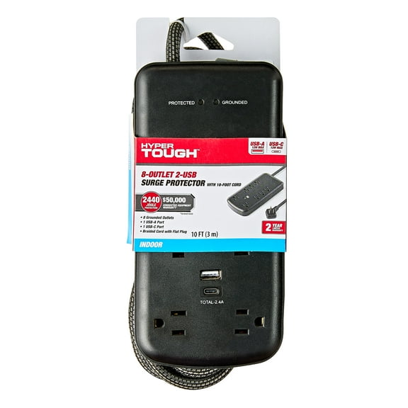 Hyper Tough 8-Outlet 2-USB(1A 1C) Indoor Surge Protector 2440 J with 10' Braided Cord, Low Profile Plug 15 A 125V Black