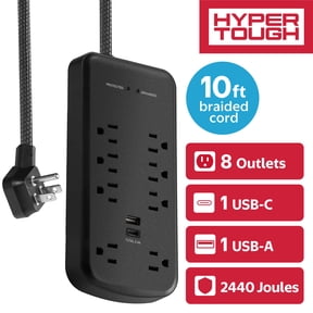 Hyper Tough Surge Protector Power Strip with USB-A, USB-C, 8 Outlets, 10ft Extension Cord, Black