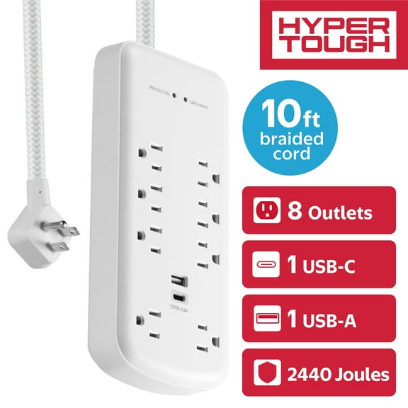 Hyper Tough Surge Protector Power Strip with USB-A, USB-C, 8 Outlets, 10ft Extension Cord, White