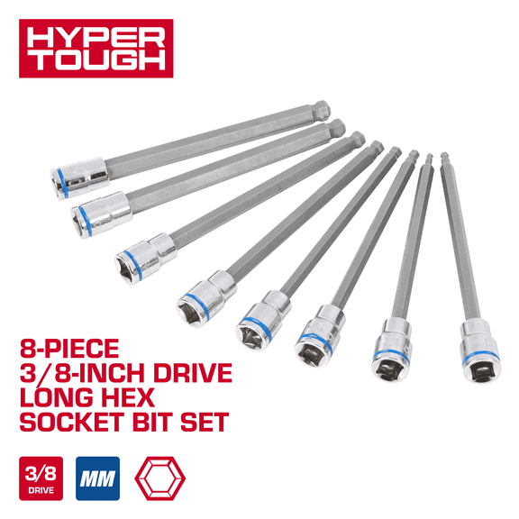 Hyper Tough 8-Piece 3/8-inch Drive Long Hex Socket Bit Set, Metric, 44267