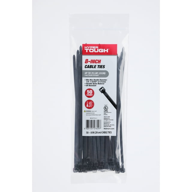 Hyper Tough 8 inch 75lb Cable Ties UV Resistant Black 50 Count