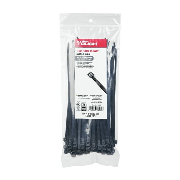 Hyper Tough 8 inch Cable Tie 75lbf Black Color 100Pcs