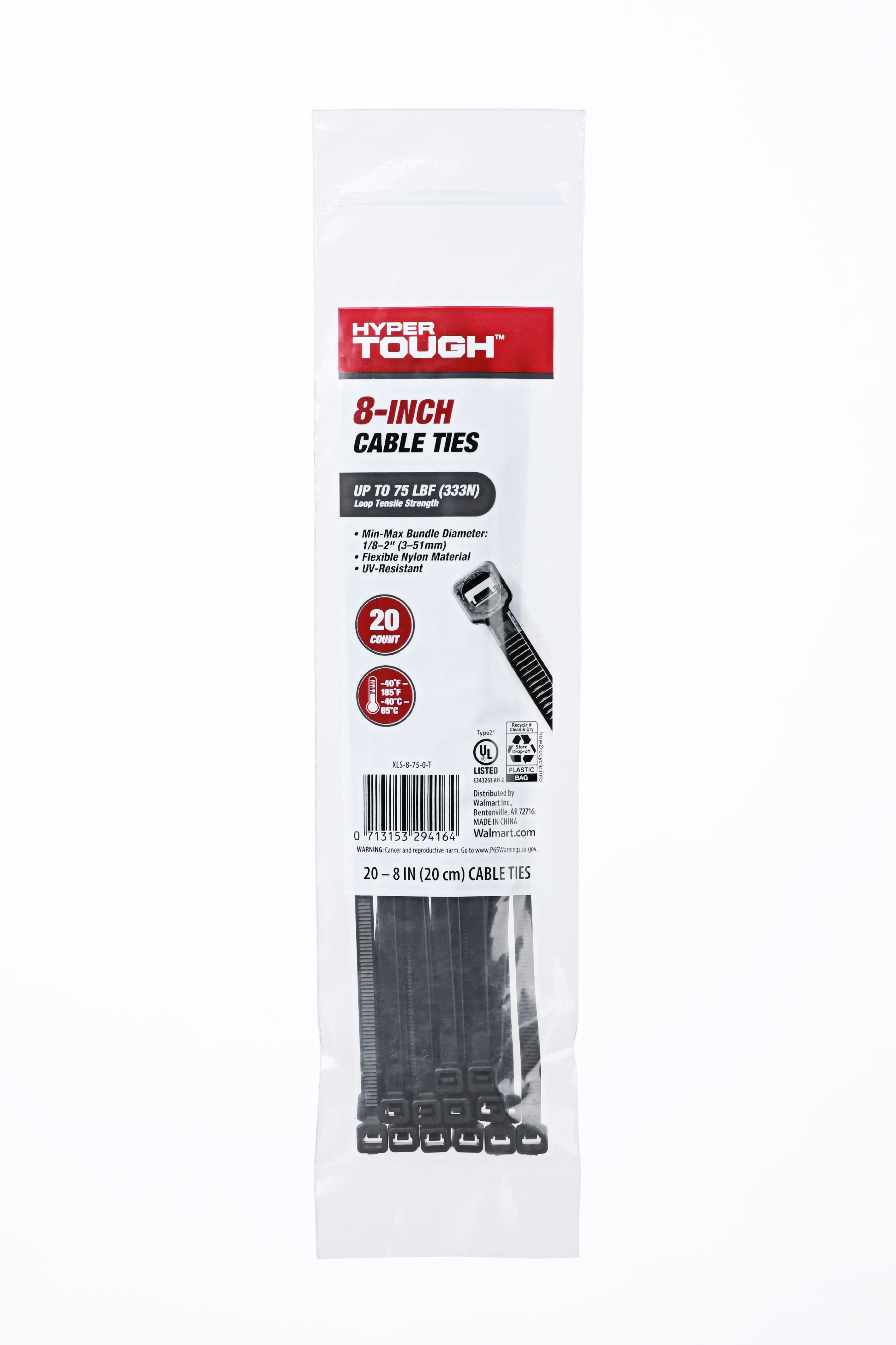 Hyper Tough 8 inch Cable Tie Uv Black 20Pcs