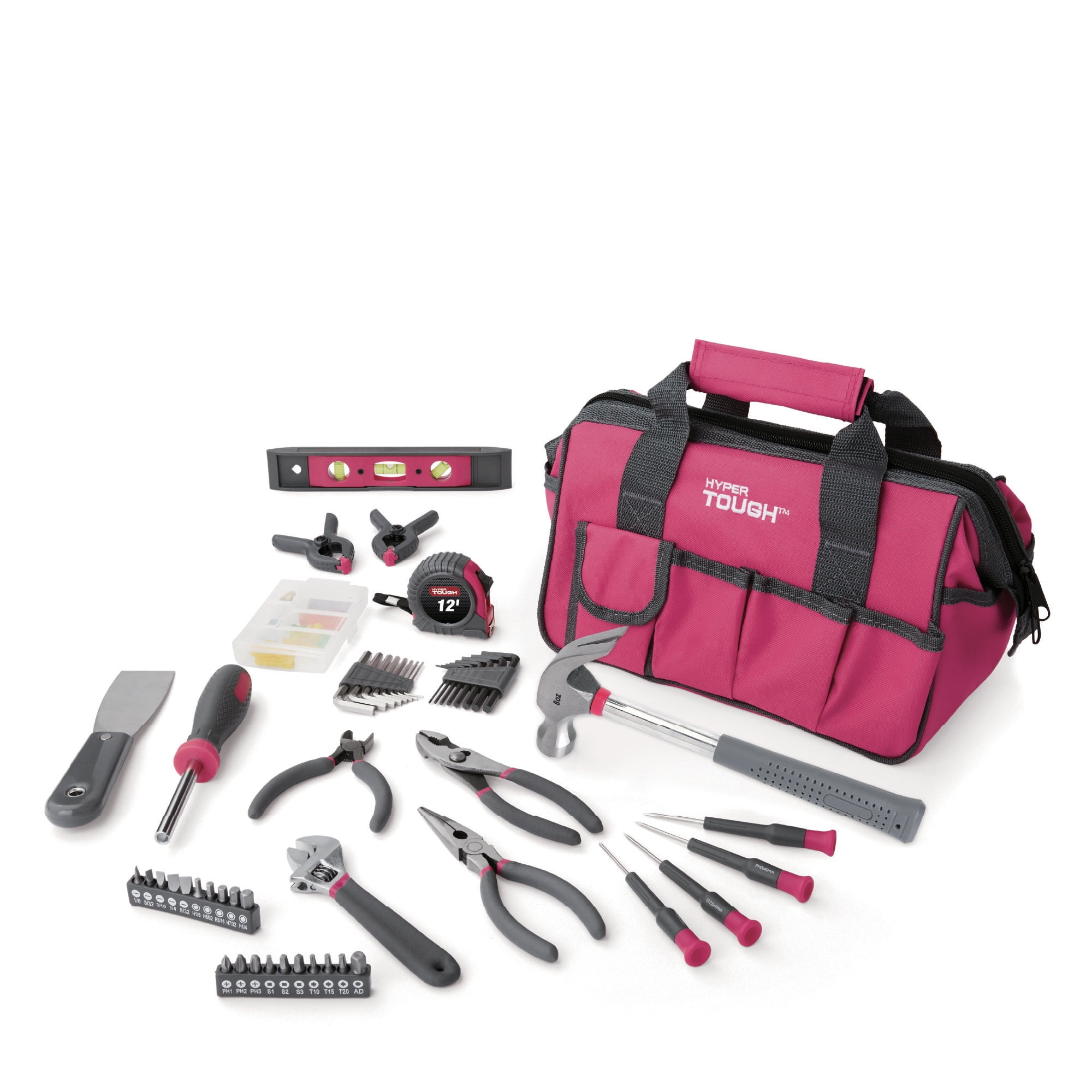 Hyper Tough 89-Piece Household Tool Set with 12-Pocket Zip-Up Tool Bag, Pink