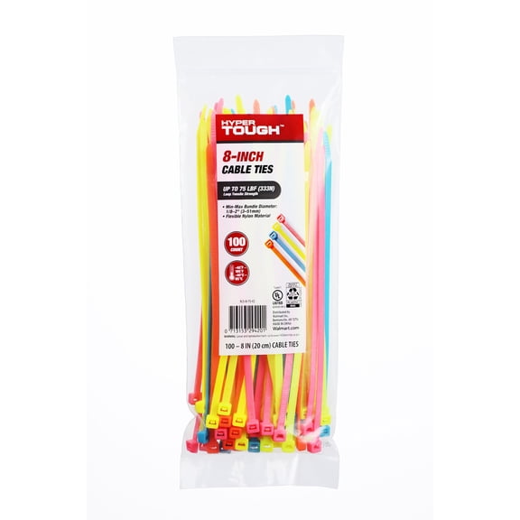 Hyper Tough 8inch Cable Tie Multi-Color, 100 Pieces