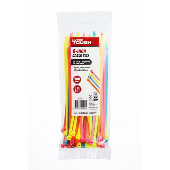 Hyper Tough 8inch Cable Tie Multi-Color, 100 Pieces