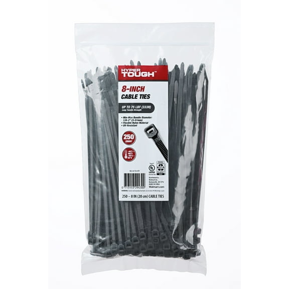 Hyper Tough 8inch Cable Tie Uv Black 250Pcs