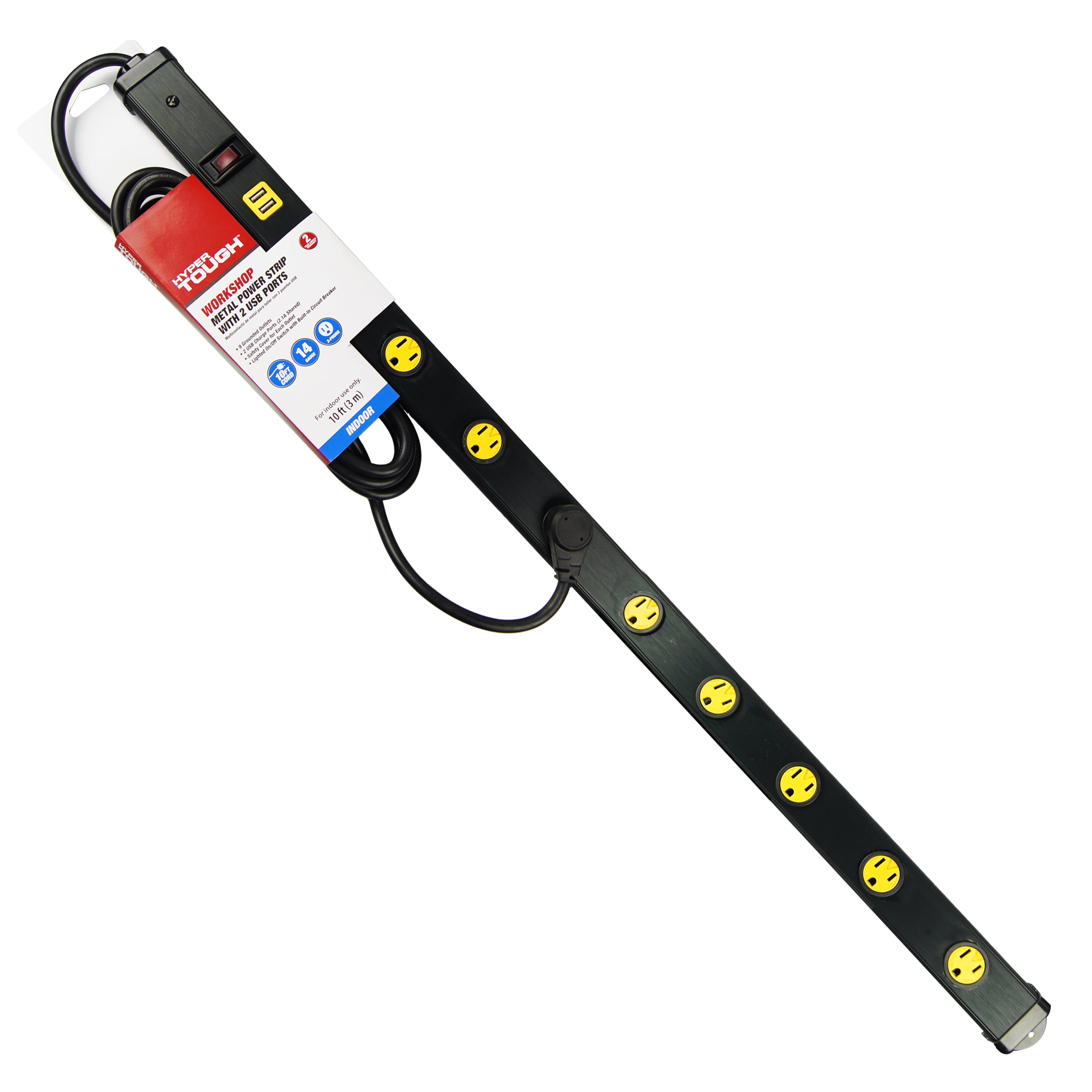 Hyper Tough 9 Outlet 10FT Metal Strip with 2 USB Ports, Black Hyper Tough 9 Outlet 10FT Metal Strip with 2 USB Ports, Black