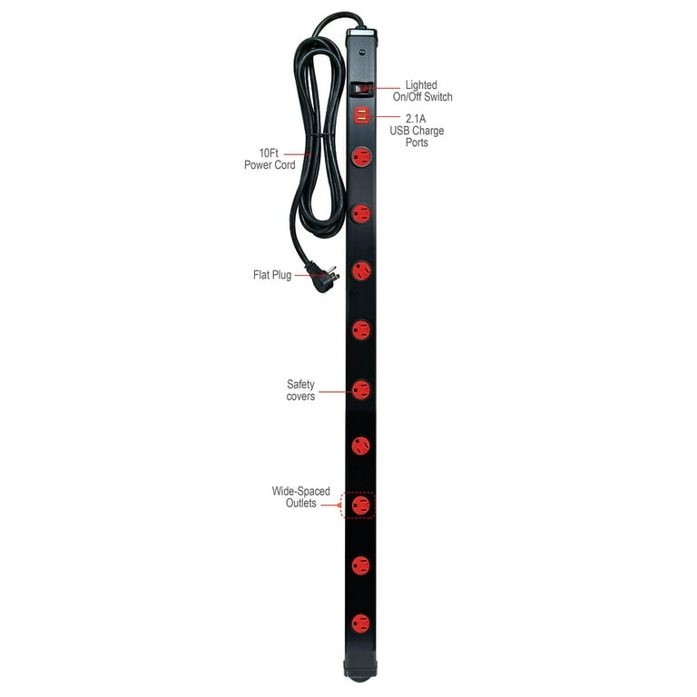 Hyper Tough 9 Outlet 10FT Metal Strip with 2 USB Ports, Black Hyper Tough 9 Outlet 10FT Metal Strip with 2 USB Ports, Black