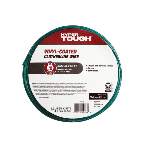 Hyper Tough 955-5HT Vinyl-Coated Wire Clothesline, 5/32" x 50', Green, Outdoor Use, 1 Count
