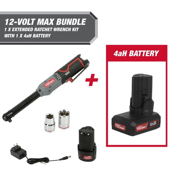 Hyper Tough 99323 12-Volt Cordless Extended Ratchet Wrench, 4 Ah Battery, 210 RPM, Variable Speed