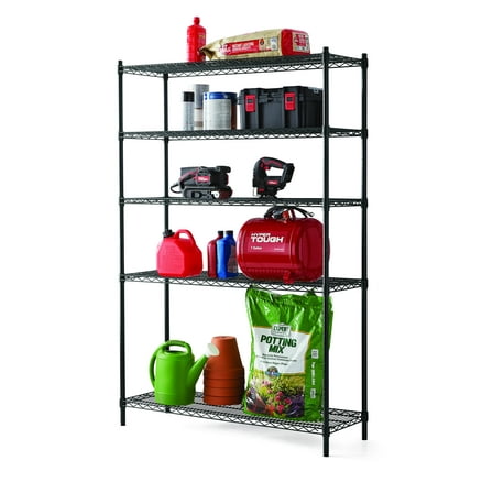 Hyper Tough Black Wire Shelf 5-Tier Heavy Duty 72"H x 48"W x 16"D, 3000lb Total Capacity