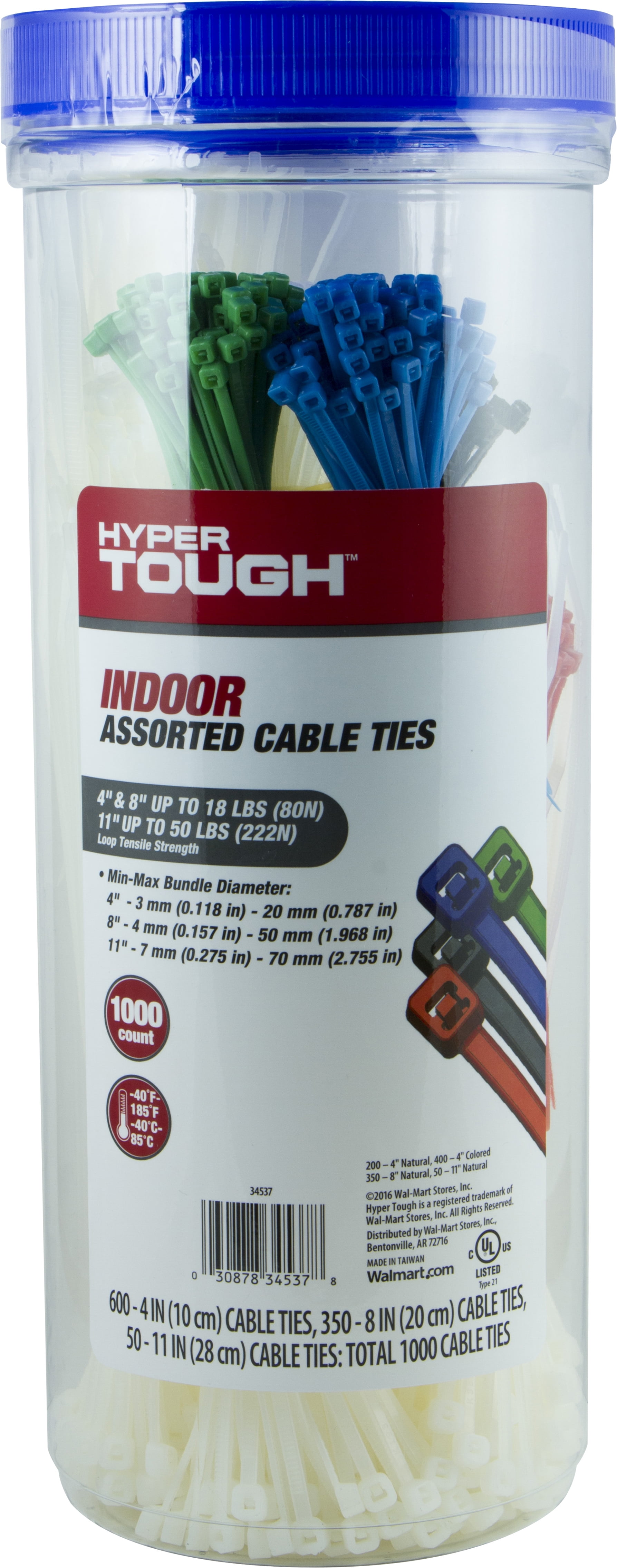 Hyper Tough Cable Ties, Assorted Sizes, Total 1,000 Pieces, 34537
