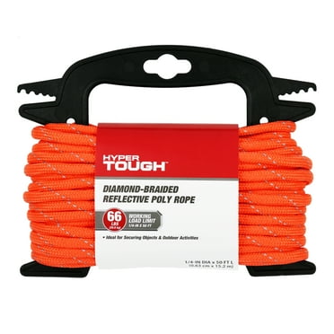 Hyper Tough 50 feet Diamond Braided Reflective Polypropylene Rope, 1/4” Diameter, Orange