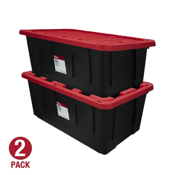(Pack of 2) Hyper Tough 40 Gallon Extra Large Storage Bin with Snap Lid, Black and Red, Heavy Duty Plastic Storage Container