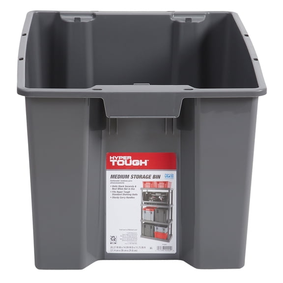 Hyper Tough Garage Plastic Stacking Open Storage Bin, Medium, Gray, No Lid