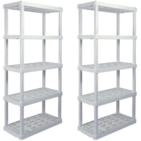 Hyper Tough Plastic Storage Shelves 5-Tier 73.8"H x 36"W x 17.75"D, 2-Pack White, 750 lbs Total Capacity