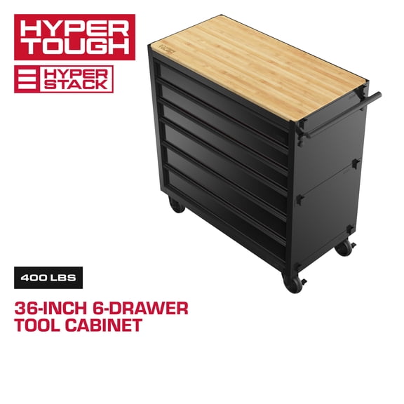 Hyper Tough Hyper Stack 36-Inch 6-Drawer Rolling Tool Cabinet, Black Steel Garage Tool Storage Chest