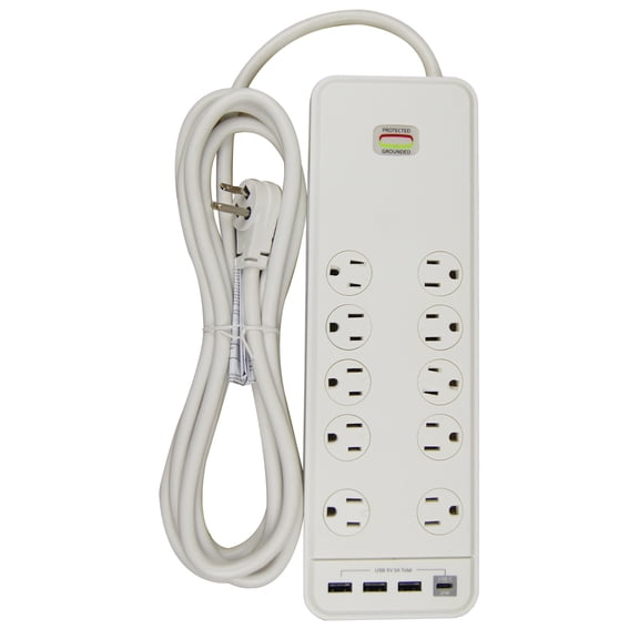 Hyper Tough Indoor 10-Outlet 10ft Surge Protector 2480-Joule Protection with 4 USB Ports, White