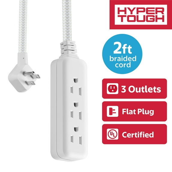 Hyper Tough Flat Plug Extension Cord, 2 ft Braided Cord, 3 Outlets, 3 Prong Grounded, Indoor, White