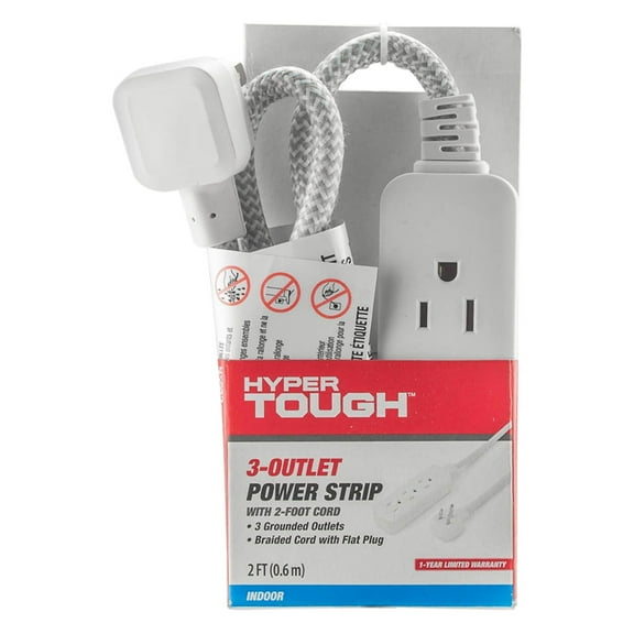 Hyper Tough Indoor 3-Outlet 2ft, 13A 125V White Braided Cable Flat Plug