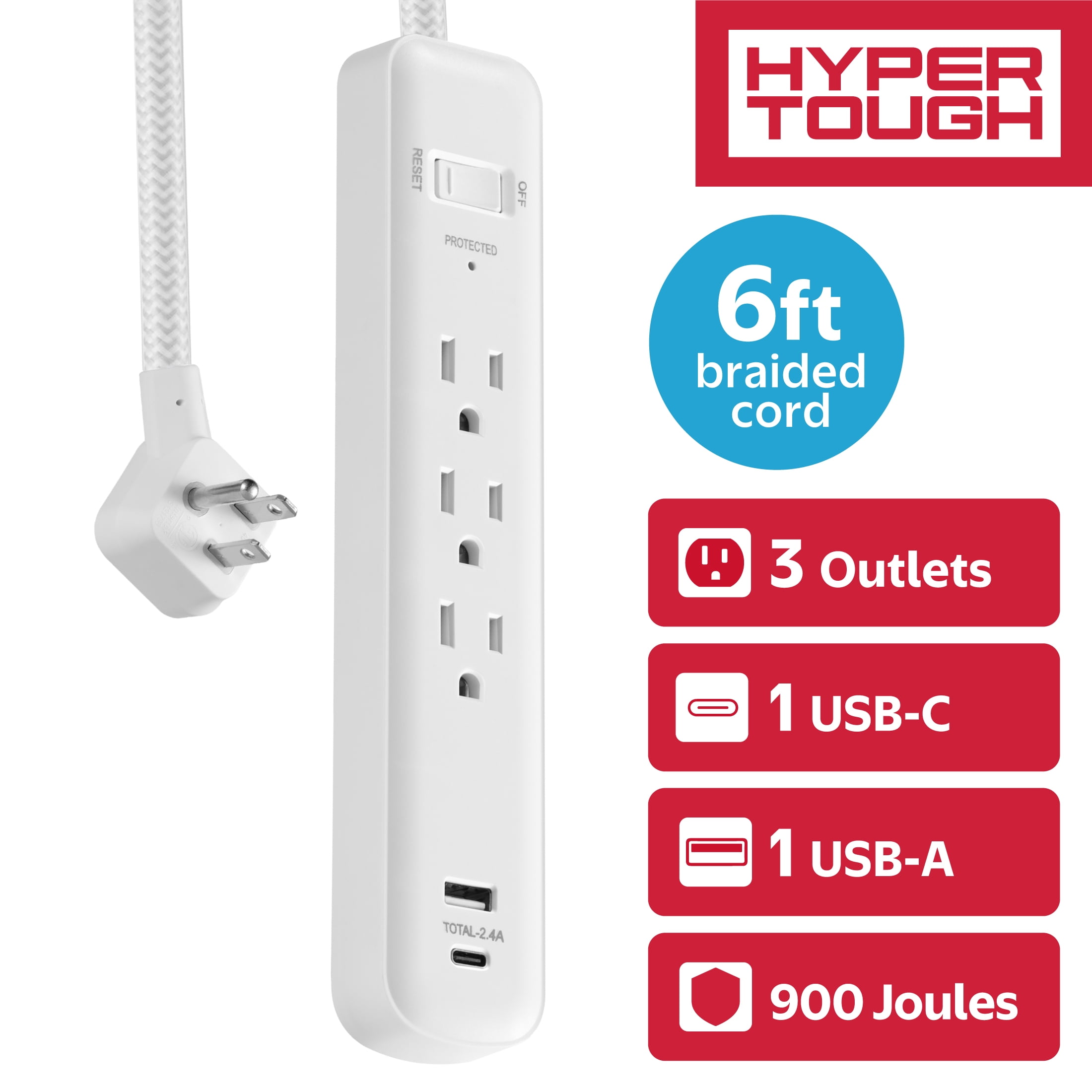 Hyper Tough Surge Protector Power Strip with USB-A & USB-C, 3 Outlets, 6 ft Extension Cord, White