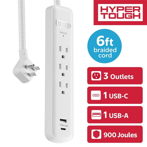 Hyper Tough Surge Protector Power Strip with USB-A & USB-C, 3 Outlets, 6 ft Extension Cord, White