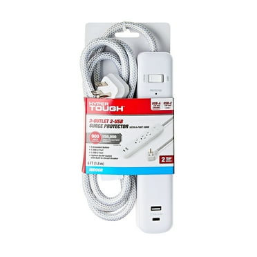 Hyper Tough Indoor 3-Outlet 6ft Braided Cord Surge Protector 900-Joule Protection with 2 USB Ports, White ,15A,125V,Low Profile Plug