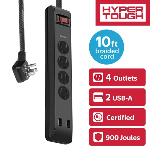 Hyper Tough Surge Protector Power Strip with USB, 4 Outlets, 10 ft Braided Extension Cord, Black