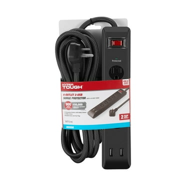 Hyper Tough Indoor 4-Outlet 10ft Braided Cable  Surge Protector 900 Joule Protection with 2 USB Ports, Low profile Plug, Black