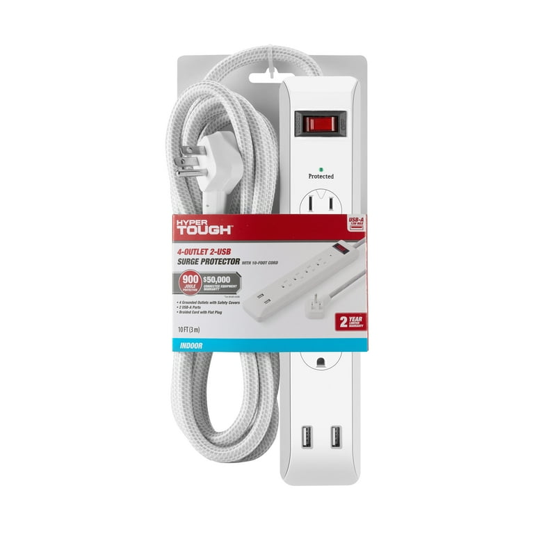 Surge Protector, 6 AC Outlets/2 USB Ports, 6 ft Cord, 900 J, White Surge Protector, 6 AC Outlets/2 USB Ports, 6 ft Cord, 900 J, White
